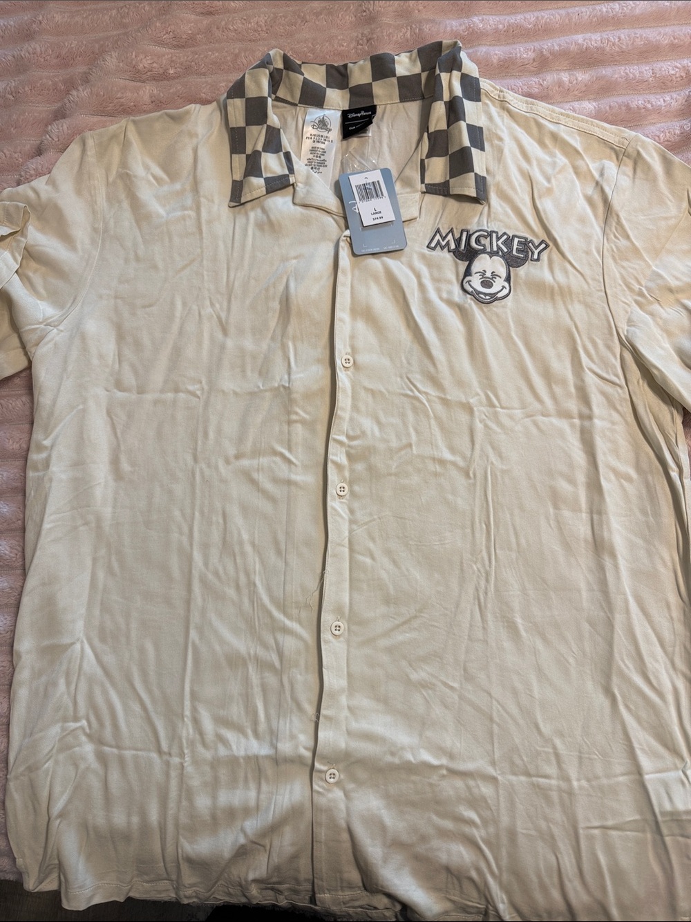 Disney Cream Short-Sleeve Button-Up Shirt with Checkered Collar